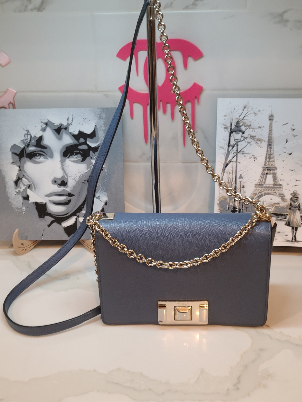 Furla Blue Leather Chain Crossbody Bag with Gold Hardware and COA - Picture 5 of 16